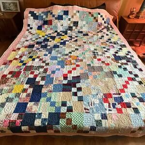 XL Vintage Handmade Block Pattern Patchwork Quilt Floral Stamp Yellow Multicolor